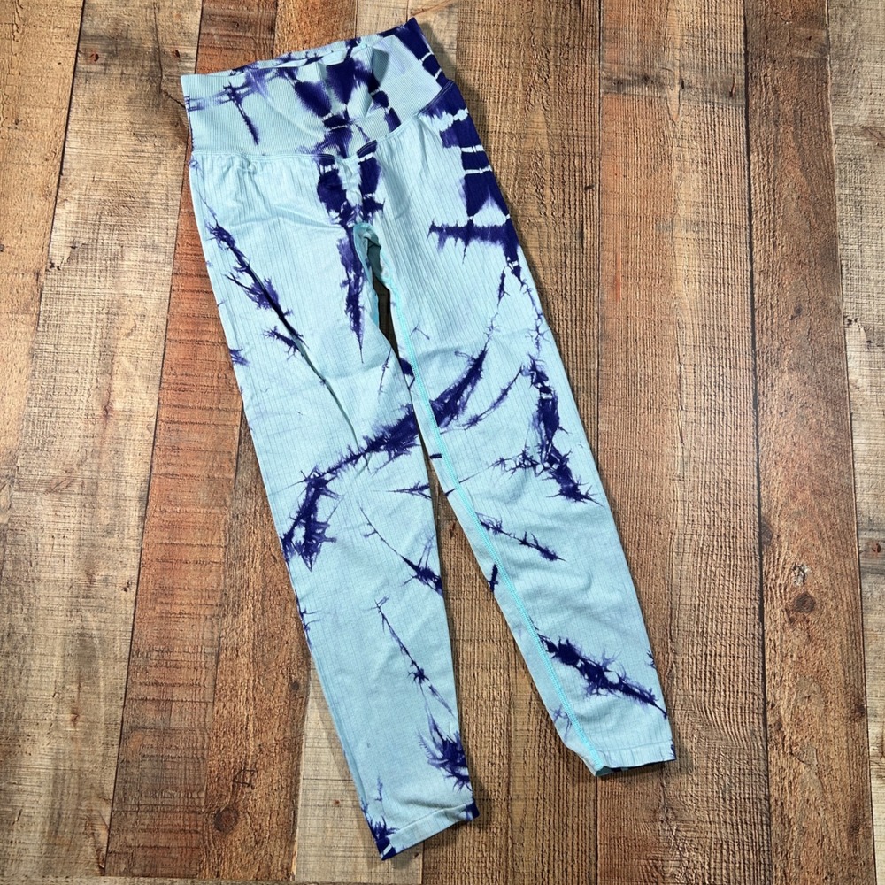 PINK Active Light Blue Purple Tie Dye Ribbed High Waist Seamless Leggings Small